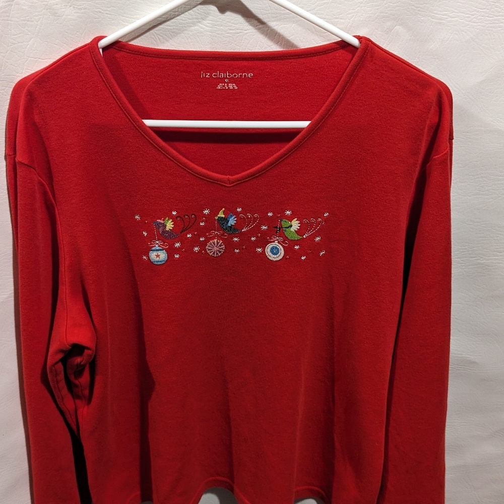 Liz Claiborne V-neck Holiday Shirt w/3D Christmas Embellishments
